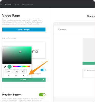 BombBomb's video page settings, highlighting customization options and engagement stats.