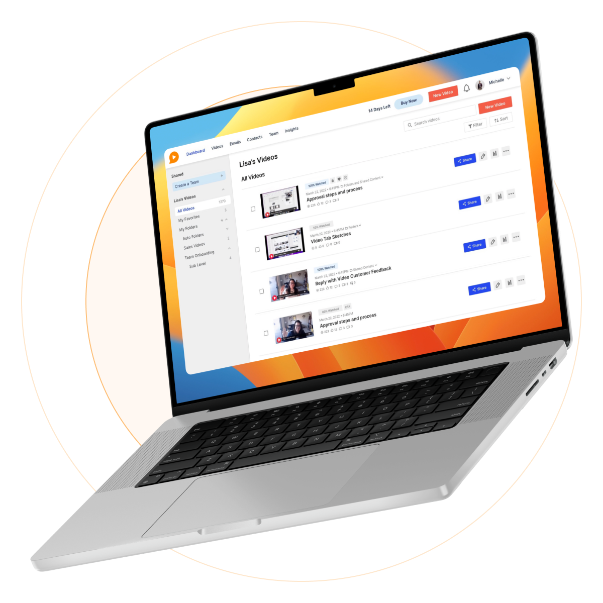 Laptop screen displaying a user interface for managing video content. The interface includes tabs like Dashboard, Team, and Videos, indicating a platform organized to enhance teamwork and content management.
